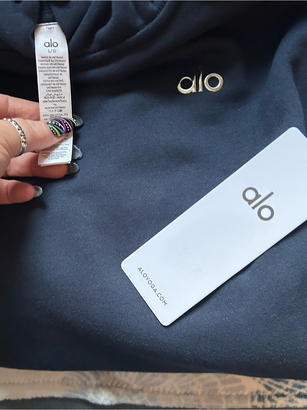 ALO Yoga Navy Blue Hoodie with Gold Logo
